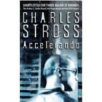 "Accelerando book by Charles Stross, cover with futuristic figure and bold white text on a dark, abstract background"