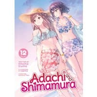 "Adachi and Shimamura Vol. 12 light novel, two girls in floral swimsuits, pastel background, by Seven Seas Entertainment"