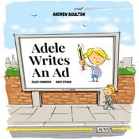 Children's book "Adele Writes An Ad" by Gasp Books, cover with cartoon girl holding pencil on billboard.