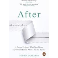 "White book 'After' by Dr. Bruce Greyson, features EKG line on cover, explores near-death experiences."