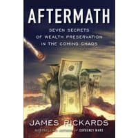 "Aftermath book by James Rickards, features burning money and dark clouds on cover, subtitle about wealth preservation."