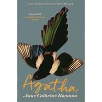 "Blue book cover of 'Agatha' by Anne Catherine Bomann featuring a colorful bird illustration with outstretched wings"