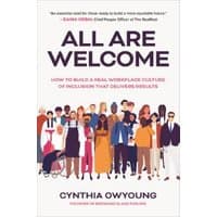 "Book titled 'All Are Welcome' by Cynthia Owyoung, featuring diverse illustrated group of people on white cover."
