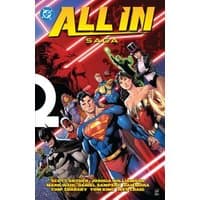 Comic book "All in Saga" by DC Comics featuring Superman, Batman, Wonder Woman, and other heroes on a red background.