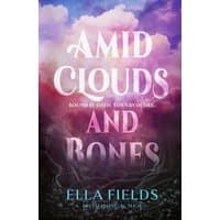 "Amid Clouds and Bones" book with pink and purple cloudy background, white and pink text, by Simon & Schuster Ltd.