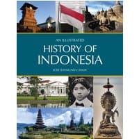 "Book 'An Illustrated History of Indonesia' with collage of Indonesian landmarks and cultural images on cover"