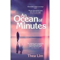 "Book 'An Ocean of Minutes' by Thea Lim, cover with silhouette on beach at sunset, pink and purple hues."