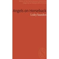 Red book cover titled "Angels on Horseback" by Lesley Saunders, featuring a subtle embossed logo at the bottom right.