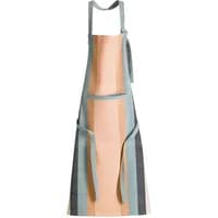 Striped Winkler Yuna apron with pocket, featuring pastel peach and gray vertical stripes and adjustable neck strap.