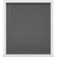 Gray horizontal window blinds with white pull cords and a white frame.
