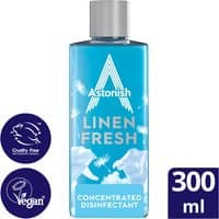Astonish Linen Fresh Concentrated Disinfectant 300ml, blue bottle with white text and silver cap, vegan and cruelty-free logos.