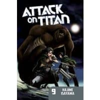 "Attack on Titan Vol. 9 manga cover featuring two characters with swords and a giant creature under a moonlit sky"