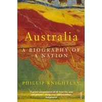 Book titled "Australia: A Biography of a Nation" by Phillip Knightley with abstract yellow and red cover design.