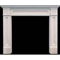 White limestone fireplace surround with acanthus leaf detailing and classic rectangular design.