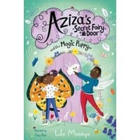 Children's book "Aziza's Secret Fairy Door and the Magic Puppy" with colorful fairy and puppy illustrations on the cover.