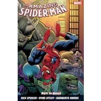 Comic book cover, "The Amazing Spider-Man: Back to Basics," featuring Spider-Man swinging amidst villains in a cityscape.