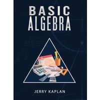 "Basic Algebra textbook with triangle design, featuring calculator, pencils, and papers on dark blue cover"