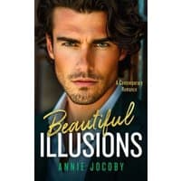 "Beautiful Illusions book cover with a man in a suit, dark hair, intense gaze, and gold script title."