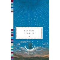 "Bedtime Stories book with blue sky cover, white stars, crescent moon, and colorful striped spine"