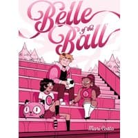 "Belle of the Ball" book cover with three characters on pink bleachers, holding soccer balls, and a cat mascot.