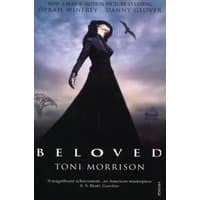 Book cover of "Beloved" by Toni Morrison featuring a dark silhouette of a woman against a cloudy sky with birds.