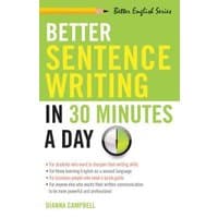 "Book 'Better Sentence Writing in 30 Minutes a Day' with green and yellow text on white cover, clock graphic."