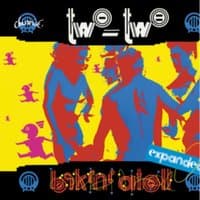 "Bikini Atoll" album cover by Vinyl Castle, features abstract figures in red and blue on a vibrant yellow background.