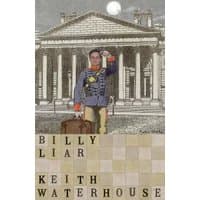 "Billy Liar book cover featuring a man in a suit with a suitcase, standing in front of a classical building."