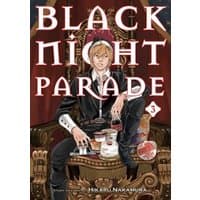 "Black Night Parade Vol. 3 manga, features character in black suit on ornate chair, holding a drink, with festive decor."