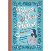 "Blue book 'Bless Your Heart' with floral border, iced tea illustration, and a man in a suit on the cover"