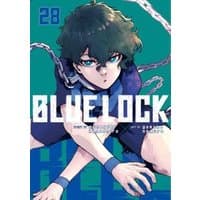 "Blue Lock 28 manga cover featuring a character with green hair, blue eyes, and chains on a teal background."