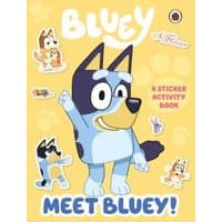 Yellow "Bluey" sticker activity book featuring cartoon blue dog with stickers and paw prints.