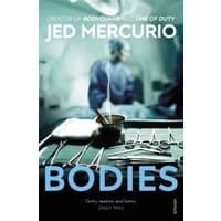 "Book 'Bodies' by Jed Mercurio, surgical instruments on cover, blurred surgeons in background"