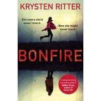 "Bonfire book by Krysten Ritter, cover with silhouette of woman running, red and orange text, dark reflective background"