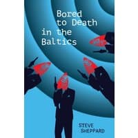 "Bored to Death in the Baltics" book with blue spiral background, red fish-headed figures in suits holding guns.