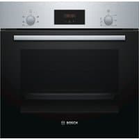 Brushed steel Bosch electric single oven with black glass door, control knobs, and digital display.