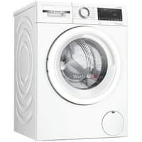 White Bosch washer dryer with digital display, control dial, and round front-loading door.