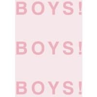 Pink and white book cover with repeated text "BOYS!" in large pink letters on a light pink background.