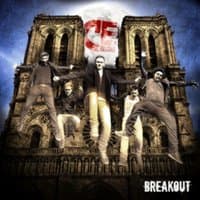 "Breakout" album cover by Vinyl Castle, featuring five people jumping in front of a gothic cathedral.