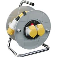 Gray Brennenstuhl cable reel with 25m yellow cable, 110V, 16A, two yellow sockets, and a metal stand.