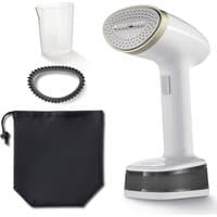 White Breville handheld steamer with gold trim, water cup, fabric brush, and black storage pouch.