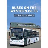 "Buses on the Western Isles" book with a white bus on the cover, set against a backdrop of buildings and blue sky.