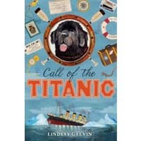 "Book cover 'Call of the Titanic' with a dog in a porthole, ship sinking, and various nautical elements."
