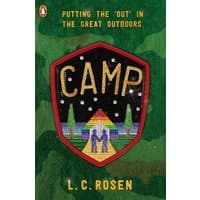 Green camouflage book cover with "Camp" in yellow on a badge, featuring a tent and trees under a starry sky.