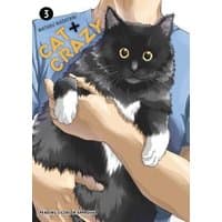 "Cat + Crazy Volume 3 comic book cover featuring a fluffy black and white cat held by a person in a blue shirt"