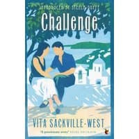 "Book cover of 'Challenge' by Vita Sackville-West, featuring a couple sitting by the sea with white buildings in the background."