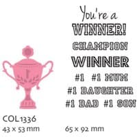 Pink Marianne Design "Champion" trophy die cut with coordinating winner-themed sentiment stamps.