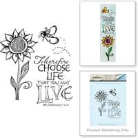 "Spellbinders stamp set with sunflower, bee, and 'Choose Life' text in decorative font."