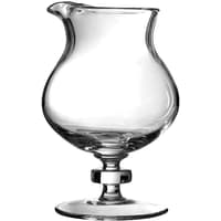 Handmade clear glass mixing glass with a stem and spout, 1 litre capacity, elegant curved design.