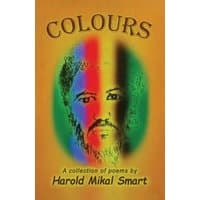 "Colours poetry book with multicolored face illustration on orange cover by Harold Mikal Smart"